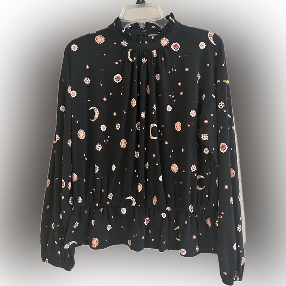SOLD. Ann Taylor Black Jewel Celestial Moon Long Sleeve Blouse, Elastic Waist - Picture 1 of 10